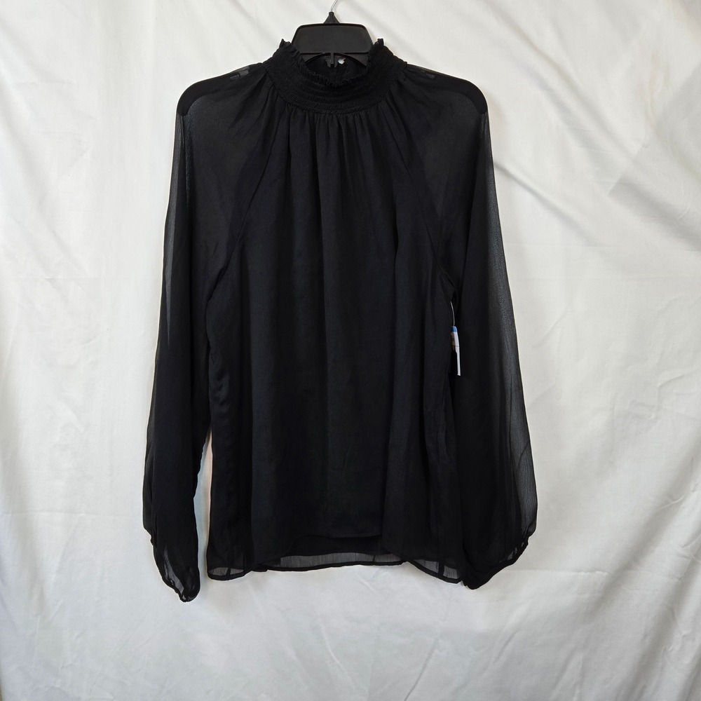 Joie Women's Black Chiffon Long Sleeve Smocked High Neck Career Blouse Large New